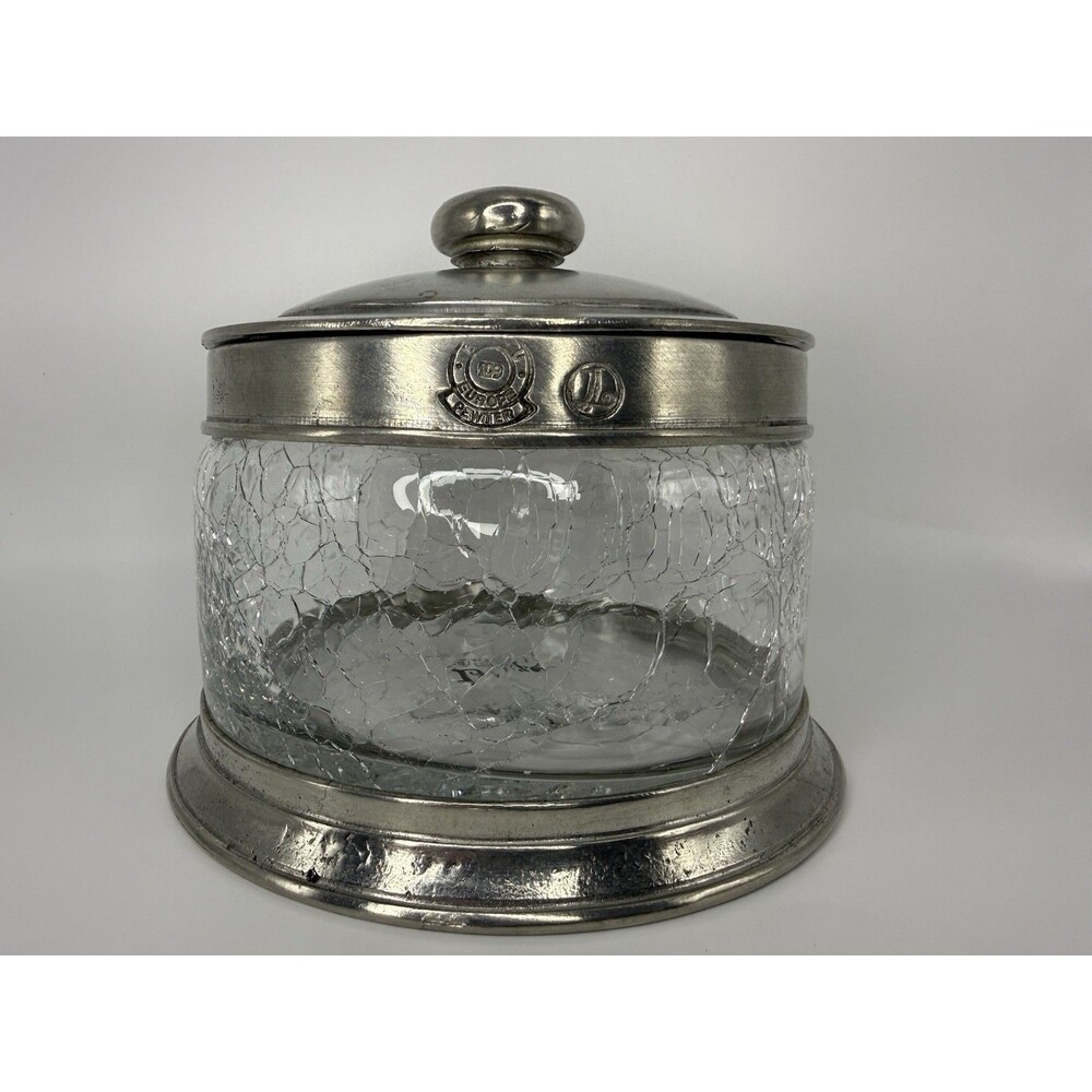 Vintage Labrazel Italian Pewter Crackle Glass Vanity Canister Crystina Jar 90s